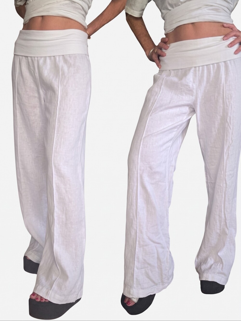 White Linen Foldover Flare Wide Leg Pants Just Living Size S
